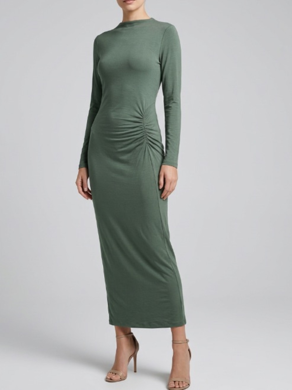 PrettyGarden Long Sleeve Olive Green Ruched Maxi Dress Sz L Women